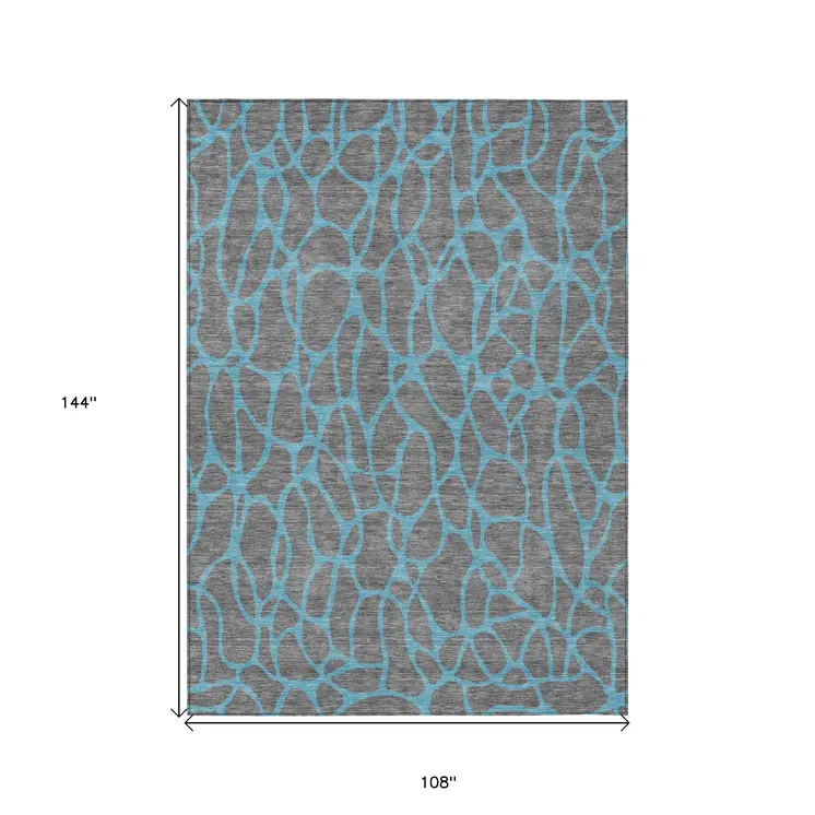9' X 12' Gray And Teal Blue Geometric Washable Indoor Outdoor Area Rug