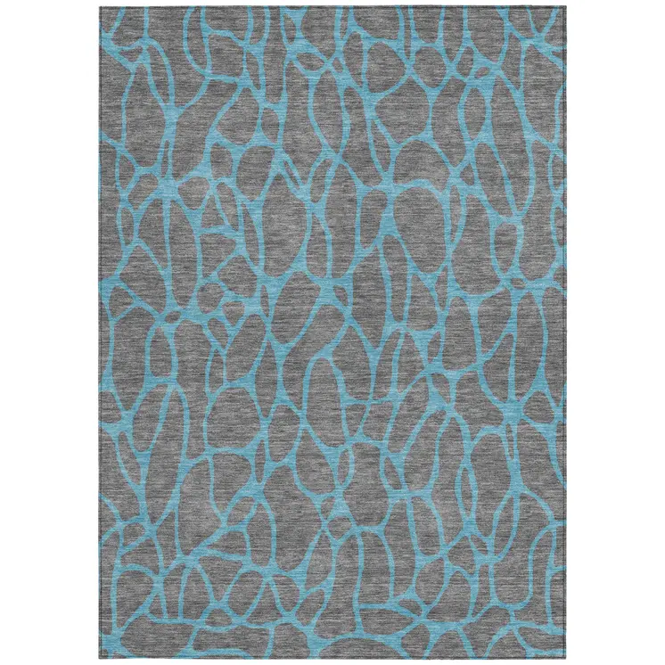 9' X 12' Gray And Teal Blue Geometric Washable Indoor Outdoor Area Rug