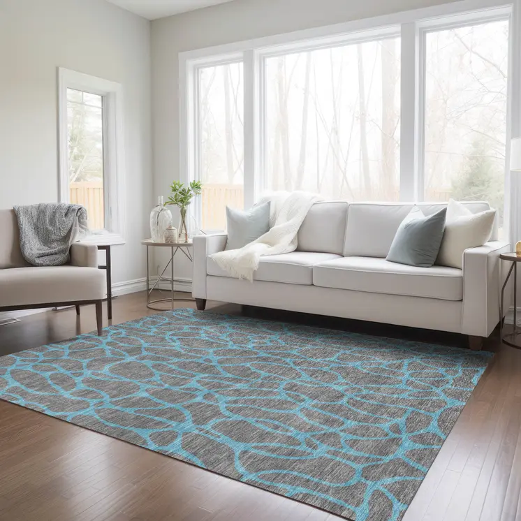 9' X 12' Gray And Teal Blue Geometric Washable Indoor Outdoor Area Rug