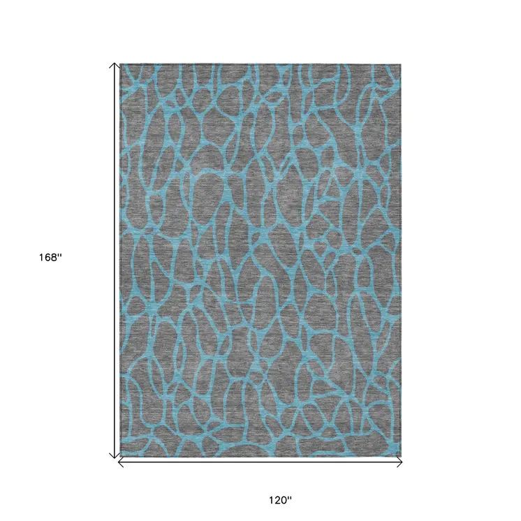 10' X 14' Gray And Teal Blue Geometric Washable Indoor Outdoor Area Rug