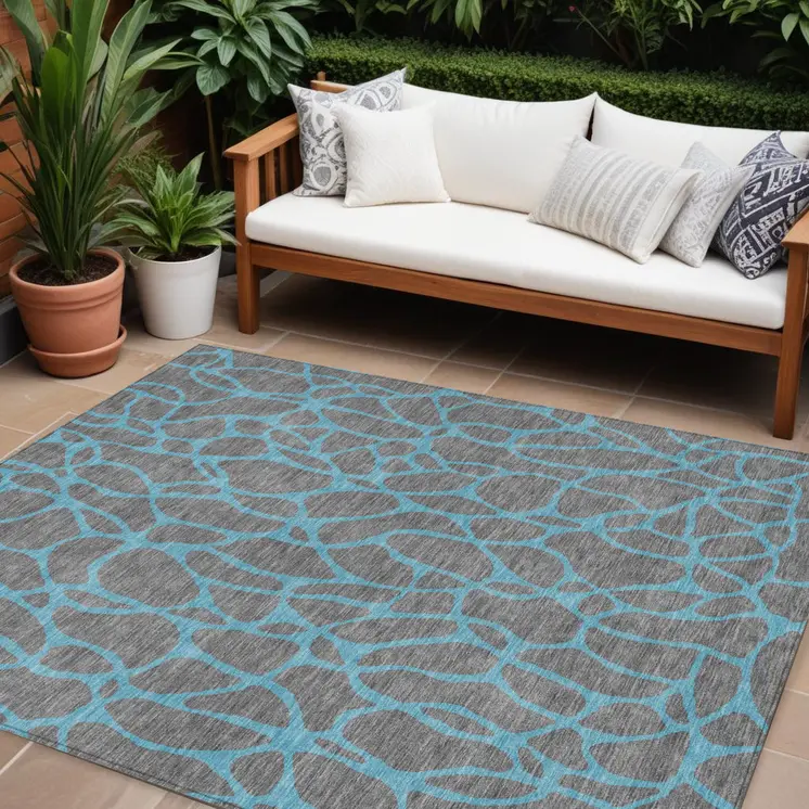 10' X 14' Gray And Teal Blue Geometric Washable Indoor Outdoor Area Rug