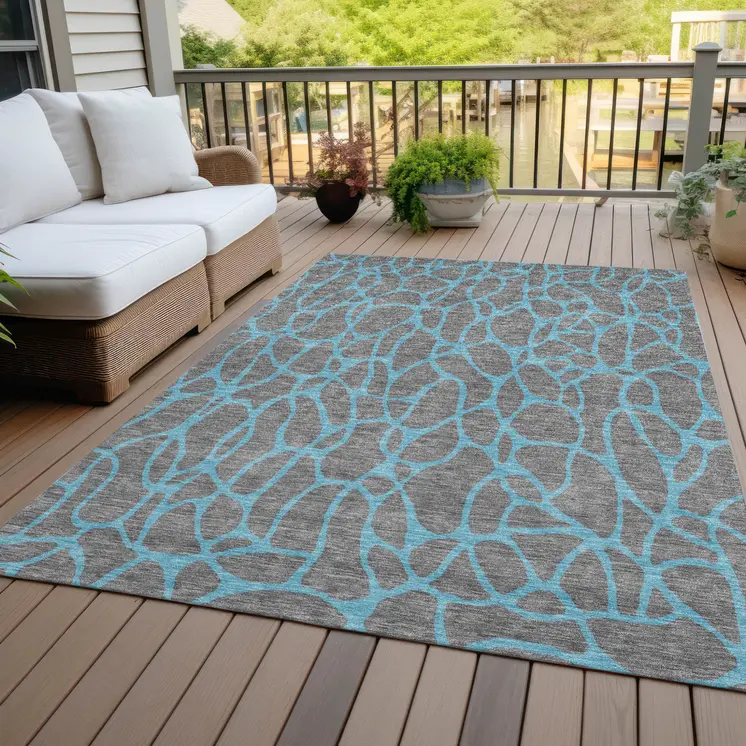 10' X 14' Gray And Teal Blue Geometric Washable Indoor Outdoor Area Rug