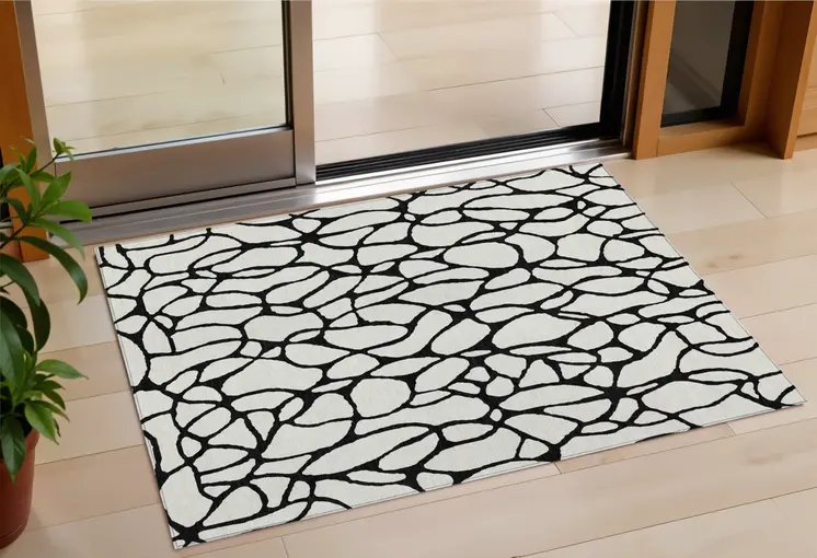 3' X 5' Ivory And Black Geometric Washable Indoor Outdoor Area Rug