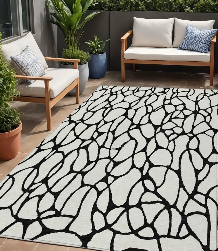 5' X 8' Ivory And Black Geometric Washable Indoor Outdoor Area Rug