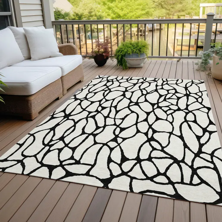 5' X 8' Ivory And Black Geometric Washable Indoor Outdoor Area Rug