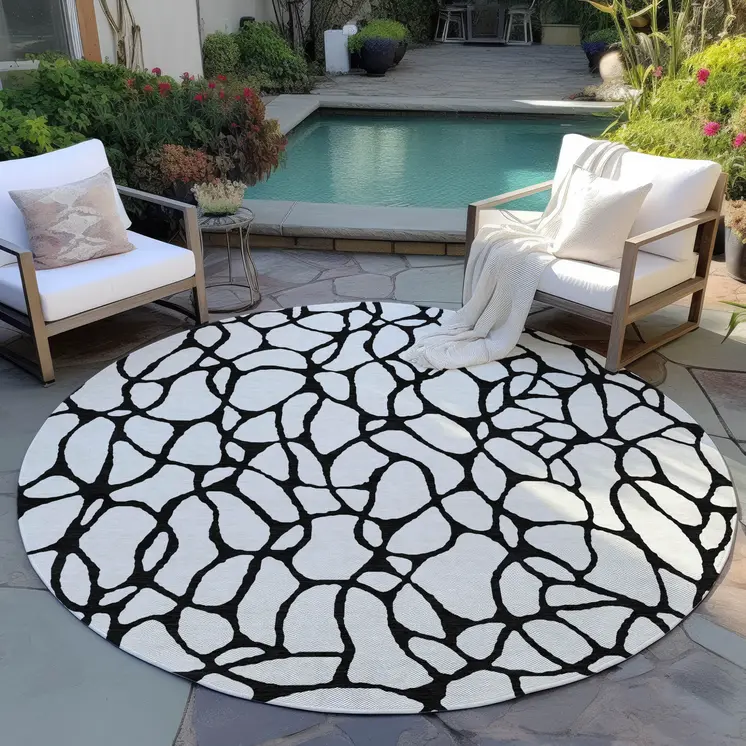 8' Ivory And Black Round Geometric Washable Indoor Outdoor Area Rug