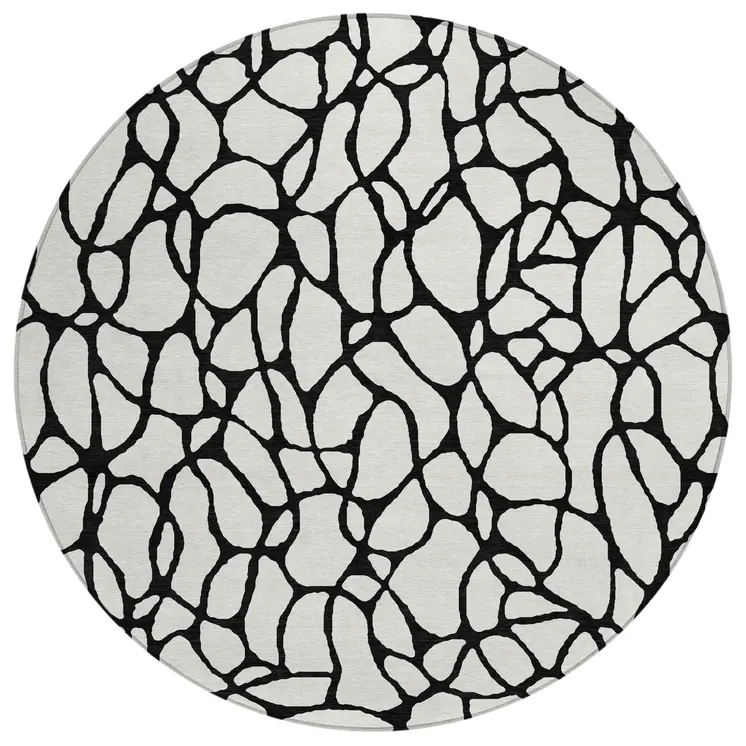 8' Ivory And Black Round Geometric Washable Indoor Outdoor Area Rug