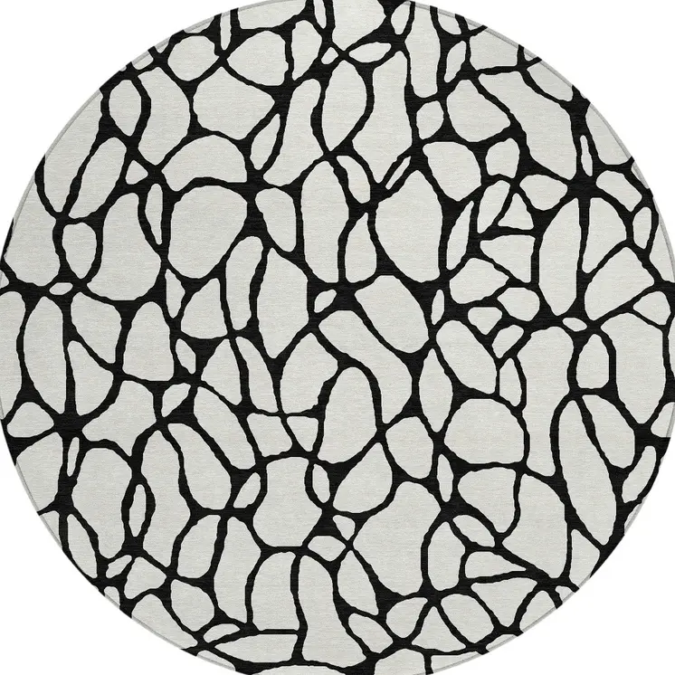 8' Ivory And Black Round Geometric Washable Indoor Outdoor Area Rug