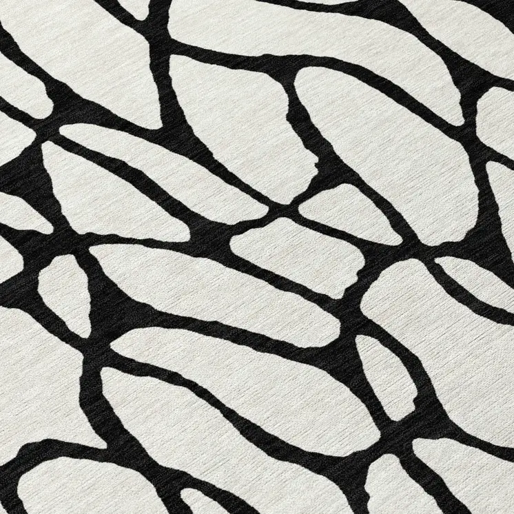 8' Ivory And Black Round Geometric Washable Indoor Outdoor Area Rug