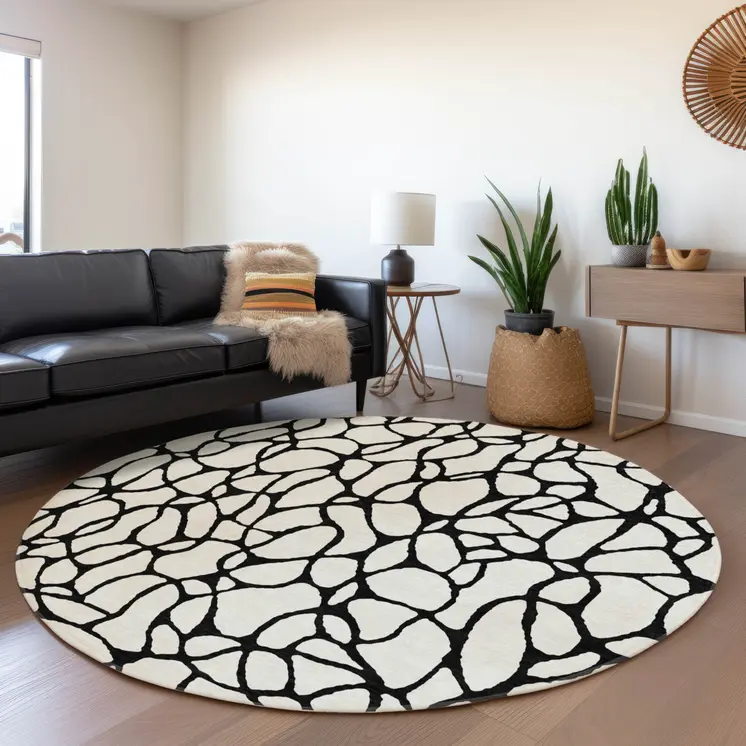 8' Ivory And Black Round Geometric Washable Indoor Outdoor Area Rug