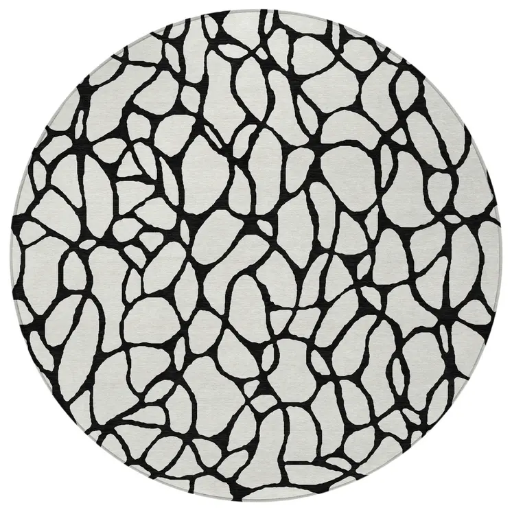8' Ivory And Black Round Geometric Washable Indoor Outdoor Area Rug