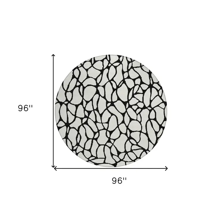 8' Ivory And Black Round Geometric Washable Indoor Outdoor Area Rug