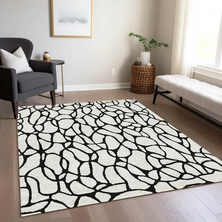 9' X 12' Ivory And Black Geometric Washable Indoor Outdoor Area Rug