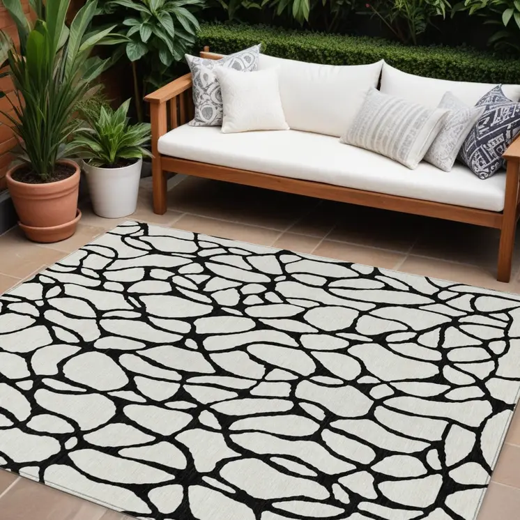 10' X 14' Ivory And Black Geometric Washable Indoor Outdoor Area Rug