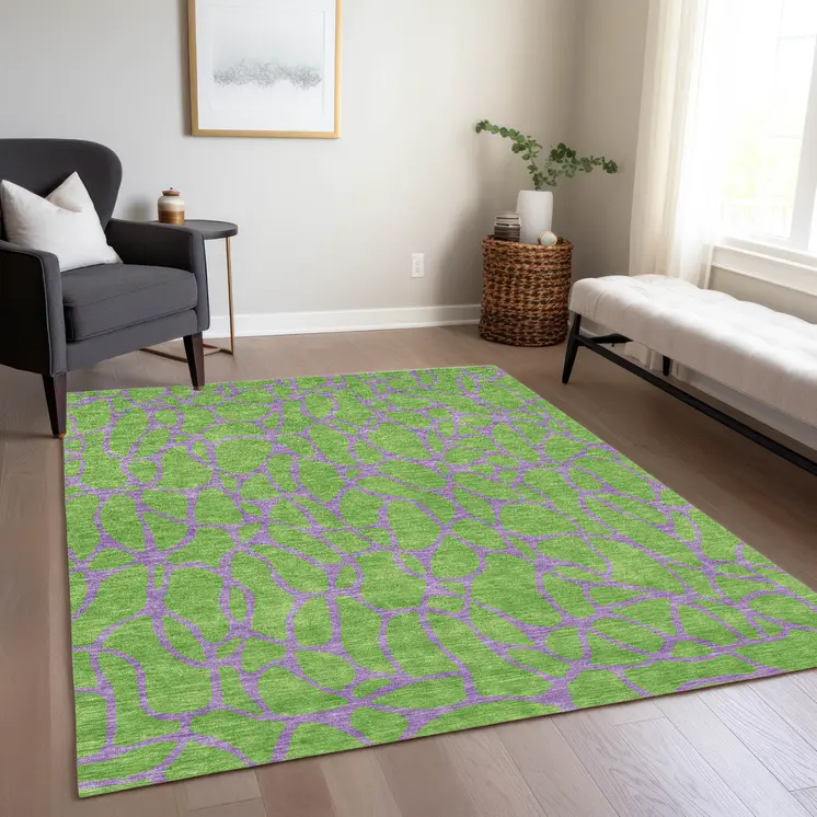 5' X 8' Lime Green And Purple Geometric Washable Indoor Outdoor Area Rug