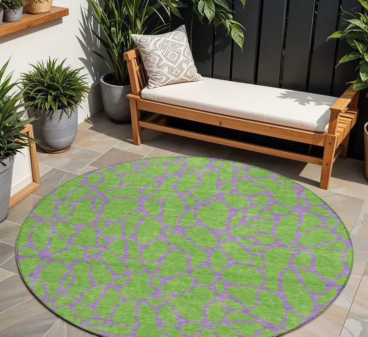 8' Lime Green And Purple Round Geometric Washable Indoor Outdoor Area Rug