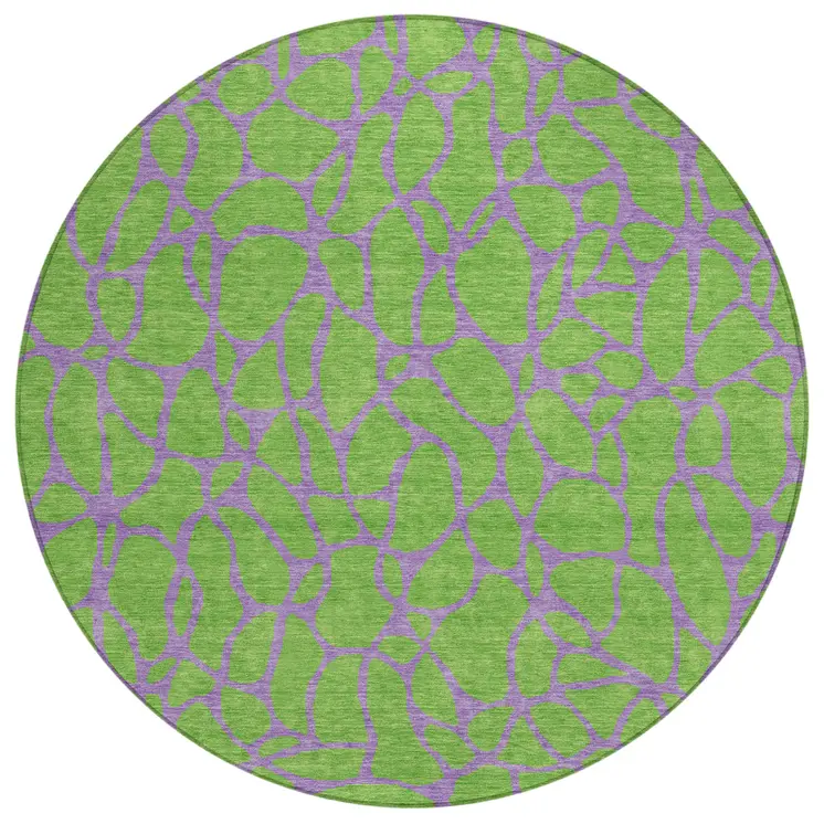 8' Lime Green And Purple Round Geometric Washable Indoor Outdoor Area Rug