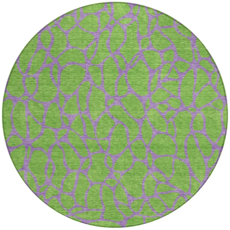 8' Lime Green And Purple Round Geometric Washable Indoor Outdoor Area Rug