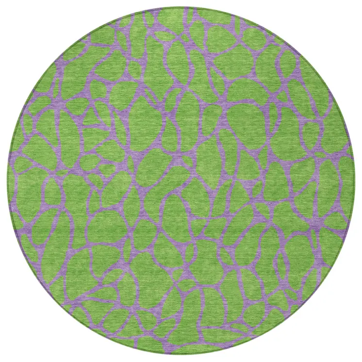 8' Lime Green And Purple Round Geometric Washable Indoor Outdoor Area Rug