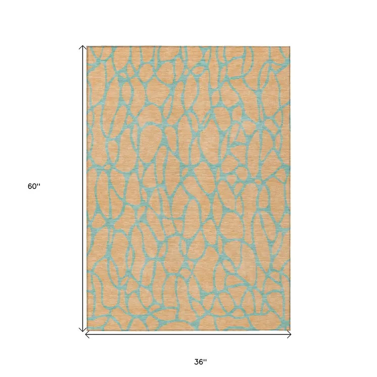 3' X 5' Mint Green And Peach Geometric Washable Indoor Outdoor Area Rug