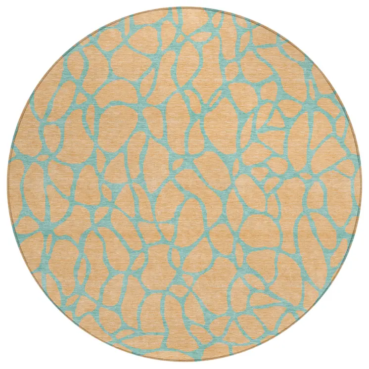 8' Mint Green And Peach Round Geometric Washable Indoor Outdoor Area Rug
