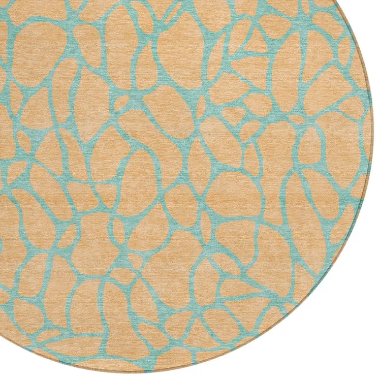 8' Mint Green And Peach Round Geometric Washable Indoor Outdoor Area Rug