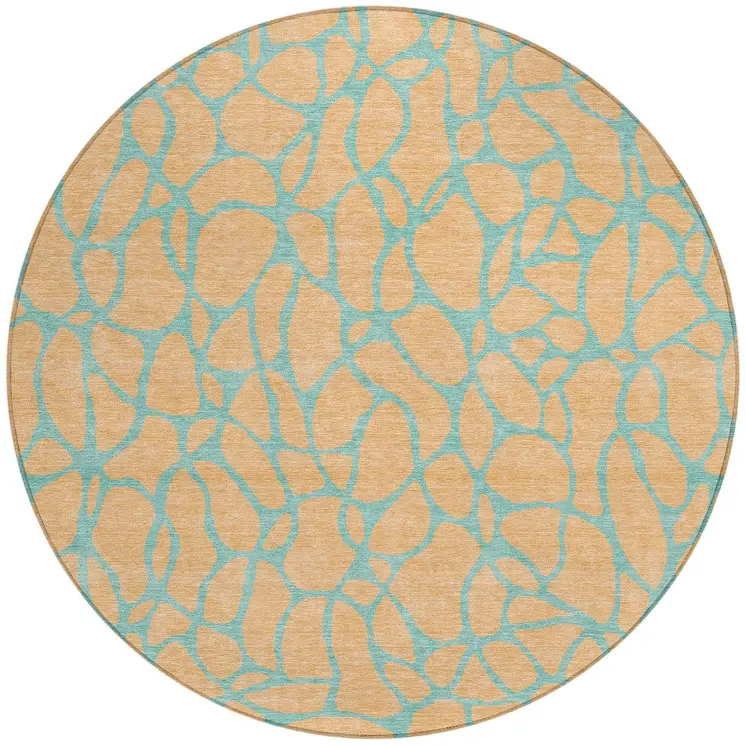 8' Mint Green And Peach Round Geometric Washable Indoor Outdoor Area Rug