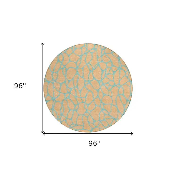 8' Mint Green And Peach Round Geometric Washable Indoor Outdoor Area Rug