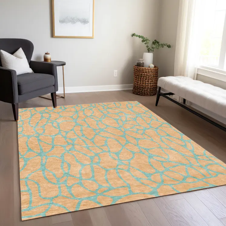 10' X 14' Mint Green And Peach Geometric Washable Indoor Outdoor Area Rug