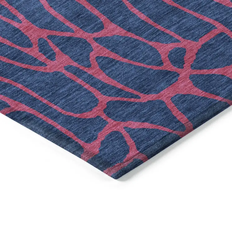 5' X 8' Navy Blue And Dark Pink Geometric Washable Indoor Outdoor Area Rug