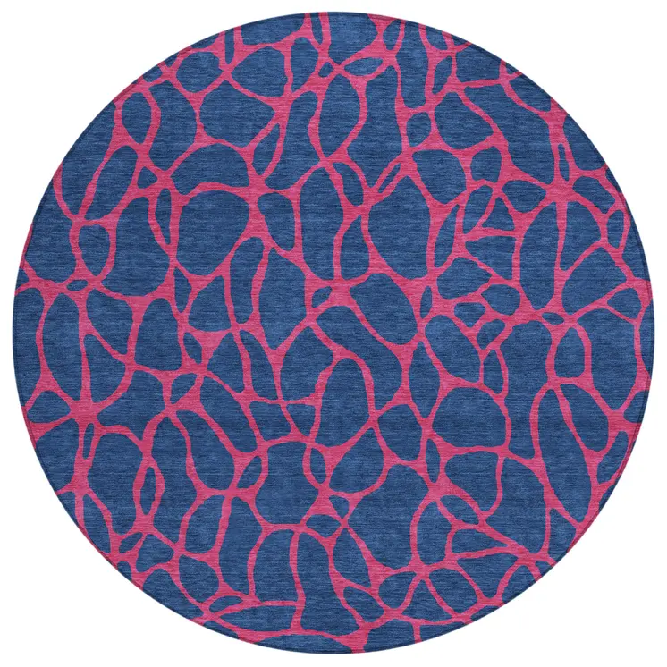 8' Navy Blue And Dark Pink Round Geometric Washable Indoor Outdoor Area Rug