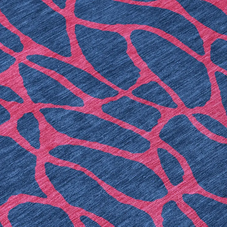 8' Navy Blue And Dark Pink Round Geometric Washable Indoor Outdoor Area Rug