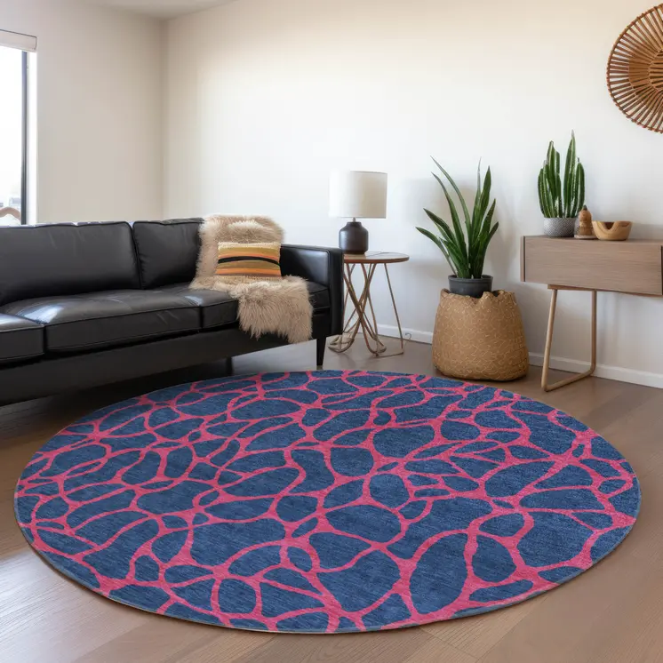 8' Navy Blue And Dark Pink Round Geometric Washable Indoor Outdoor Area Rug