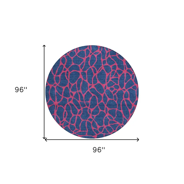 8' Navy Blue And Dark Pink Round Geometric Washable Indoor Outdoor Area Rug