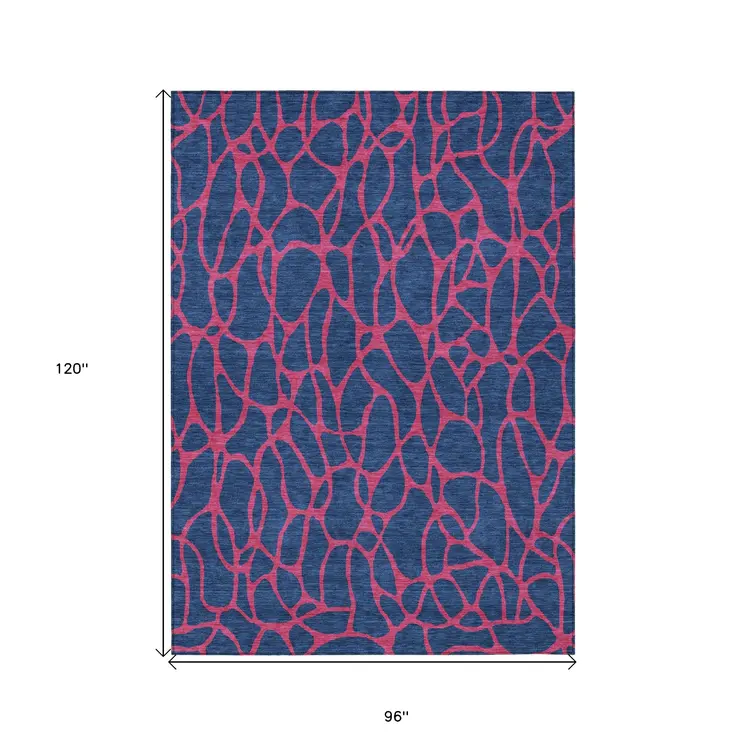 8' X 10' Navy Blue And Dark Pink Geometric Washable Indoor Outdoor Area Rug