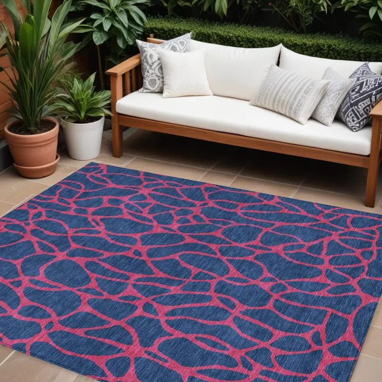 8' X 10' Navy Blue And Dark Pink Geometric Washable Indoor Outdoor Area Rug