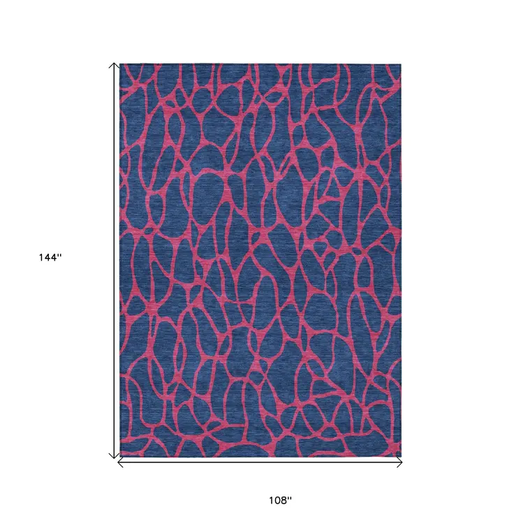 9' X 12' Navy Blue And Dark Pink Geometric Washable Indoor Outdoor Area Rug