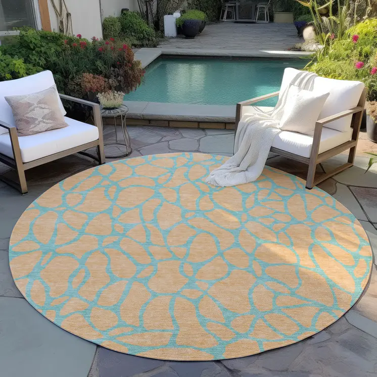 8' Peach And Mint Green Round Geometric Washable Indoor Outdoor Area Rug
