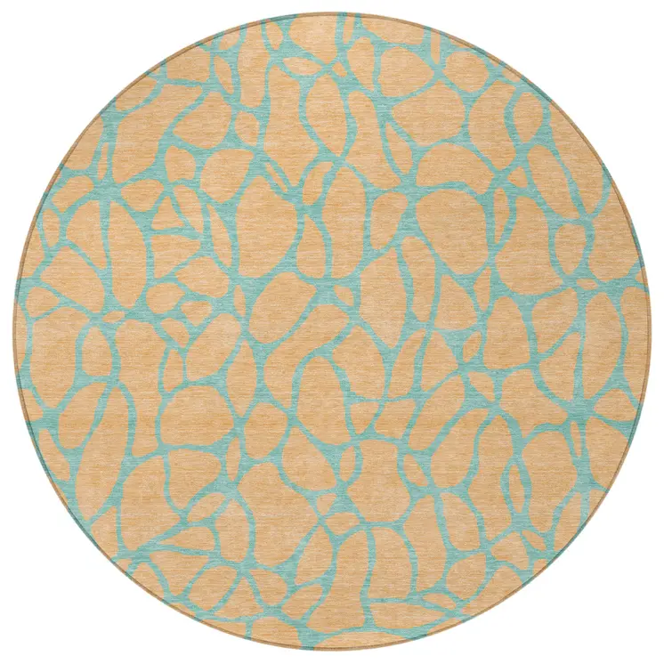 8' Peach And Mint Green Round Geometric Washable Indoor Outdoor Area Rug