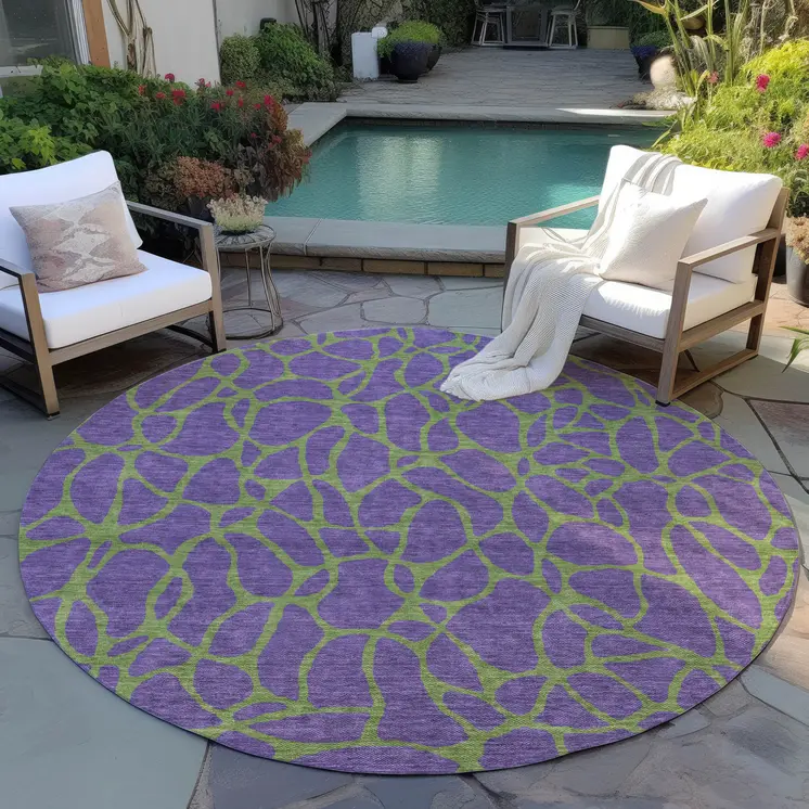 8' Purple And Green Round Geometric Washable Indoor Outdoor Area Rug