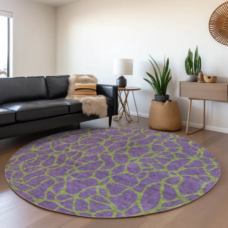 8' Purple And Green Round Geometric Washable Indoor Outdoor Area Rug