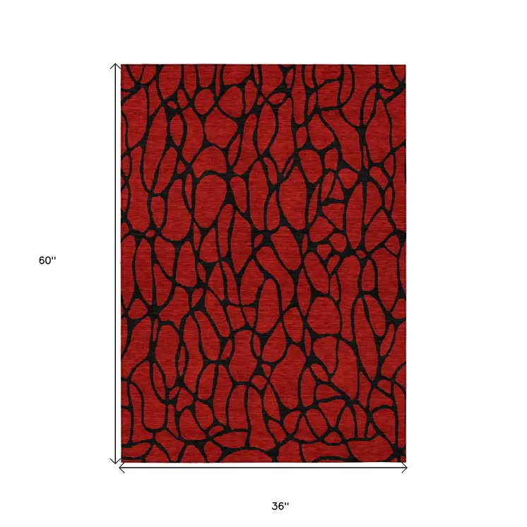 3' X 5' Red And Black Geometric Washable Indoor Outdoor Area Rug