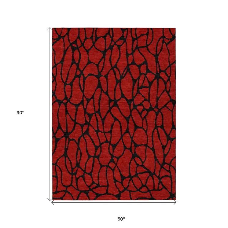 5' X 8' Red And Black Geometric Washable Indoor Outdoor Area Rug