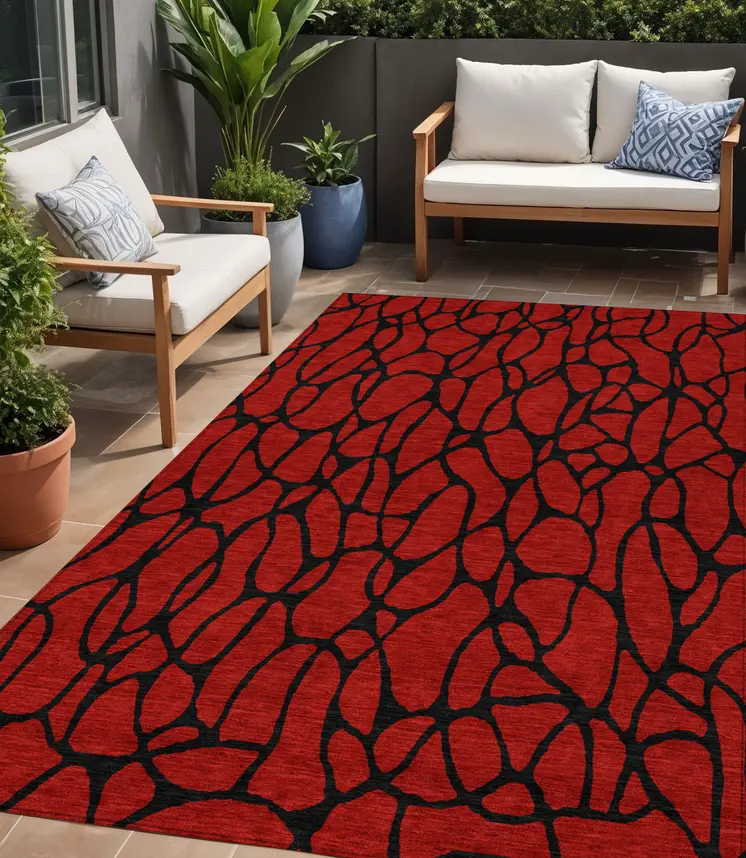 5' X 8' Red And Black Geometric Washable Indoor Outdoor Area Rug