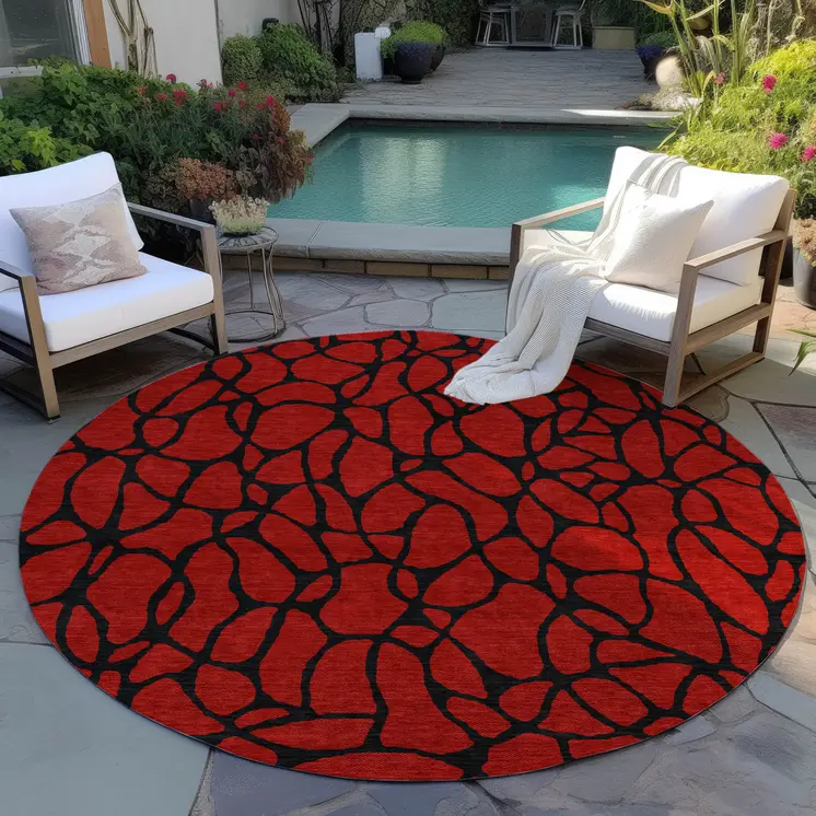 8' Red And Black Round Geometric Washable Indoor Outdoor Area Rug