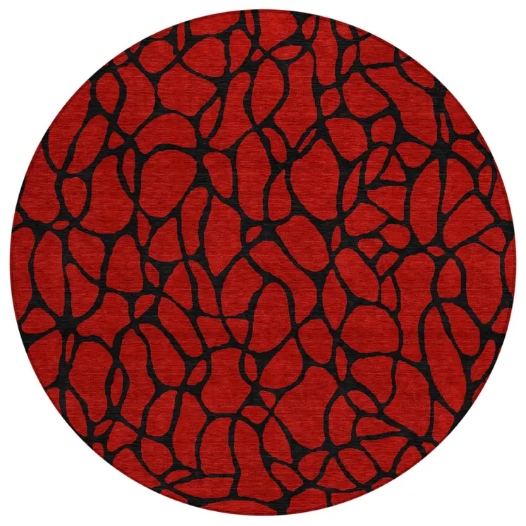 8' Red And Black Round Geometric Washable Indoor Outdoor Area Rug