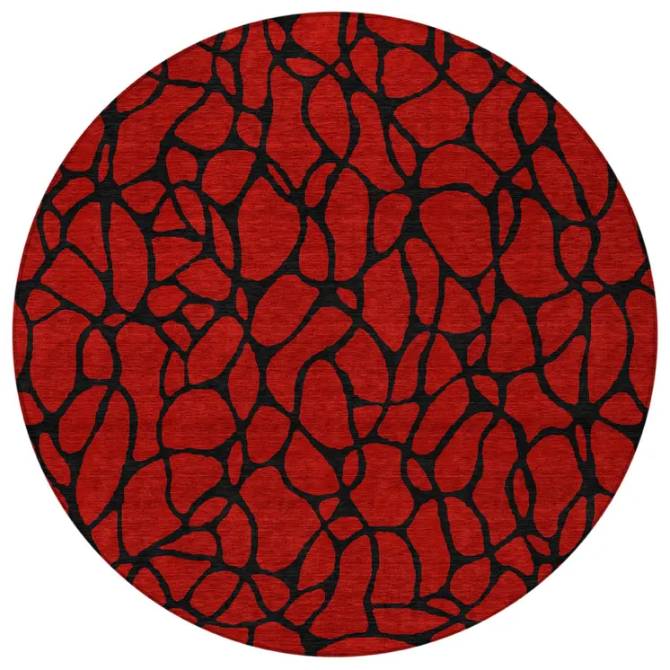 8' Red And Black Round Geometric Washable Indoor Outdoor Area Rug