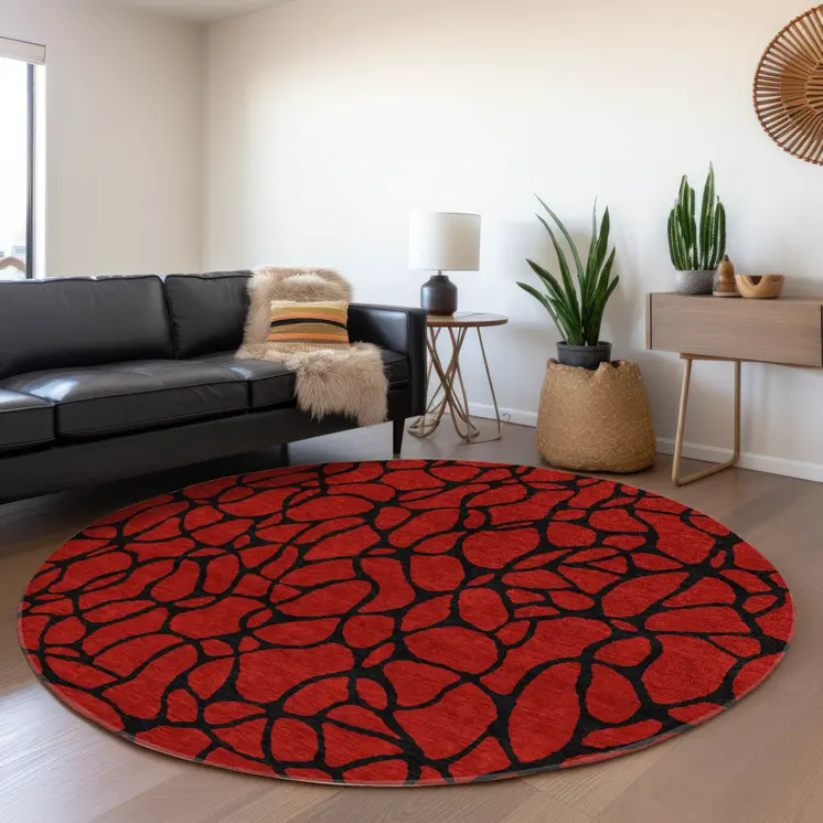 8' Red And Black Round Geometric Washable Indoor Outdoor Area Rug