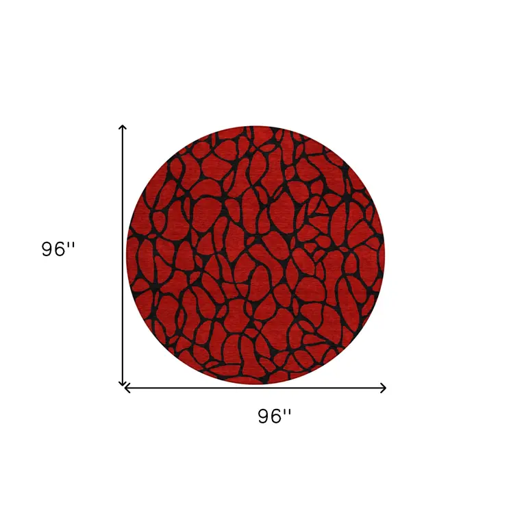 8' Red And Black Round Geometric Washable Indoor Outdoor Area Rug