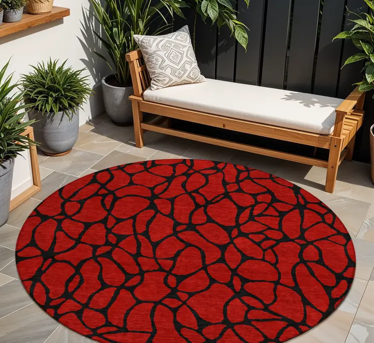 8' Red And Black Round Geometric Washable Indoor Outdoor Area Rug